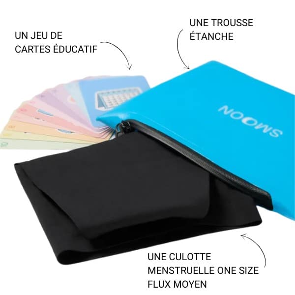 Kit premières règles trousse étanche culotte menstruelle et jeu de cartes éducatif